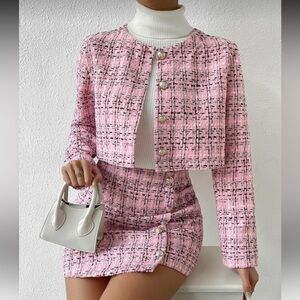 Pink Tweed Crop Jacket & Mini Skirt Set | Chic Matching Set | New